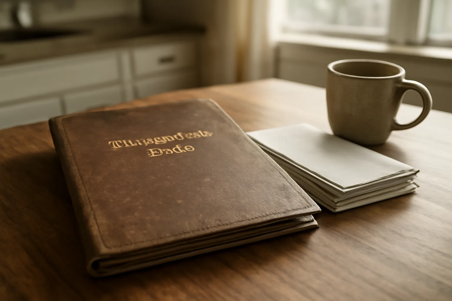 Kitchen table with timeshare paperwork and coffee mug in morning light
