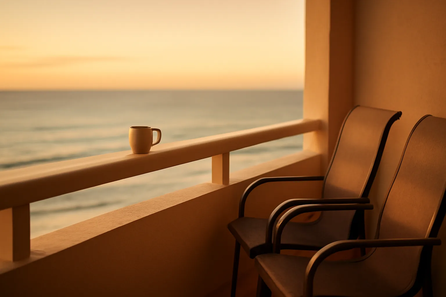 Empty timeshare resort balcony at sunset, representing an owner deciding how to sell timeshare ownership