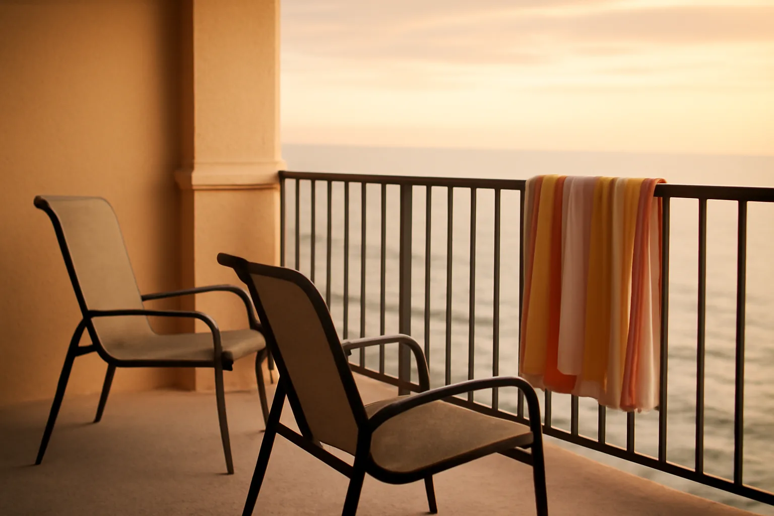 Empty resort balcony overlooking the ocean at sunset, symbolizing a timeshare exit decision