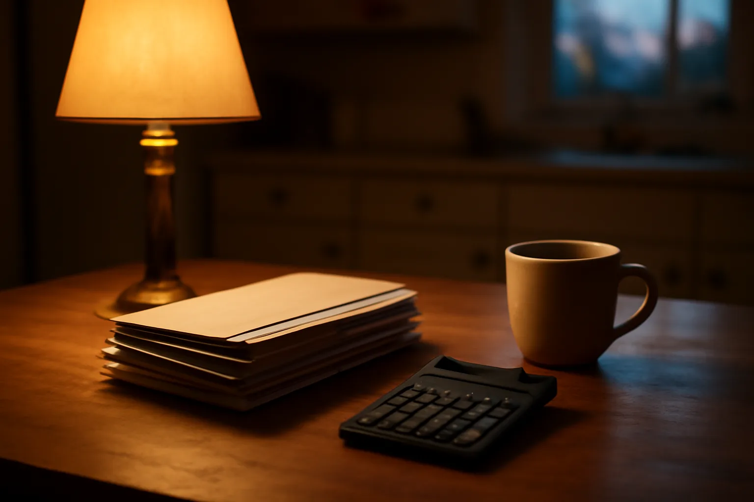Kitchen table with unopened mail and calculator representing timeshare mortgage payment decisions