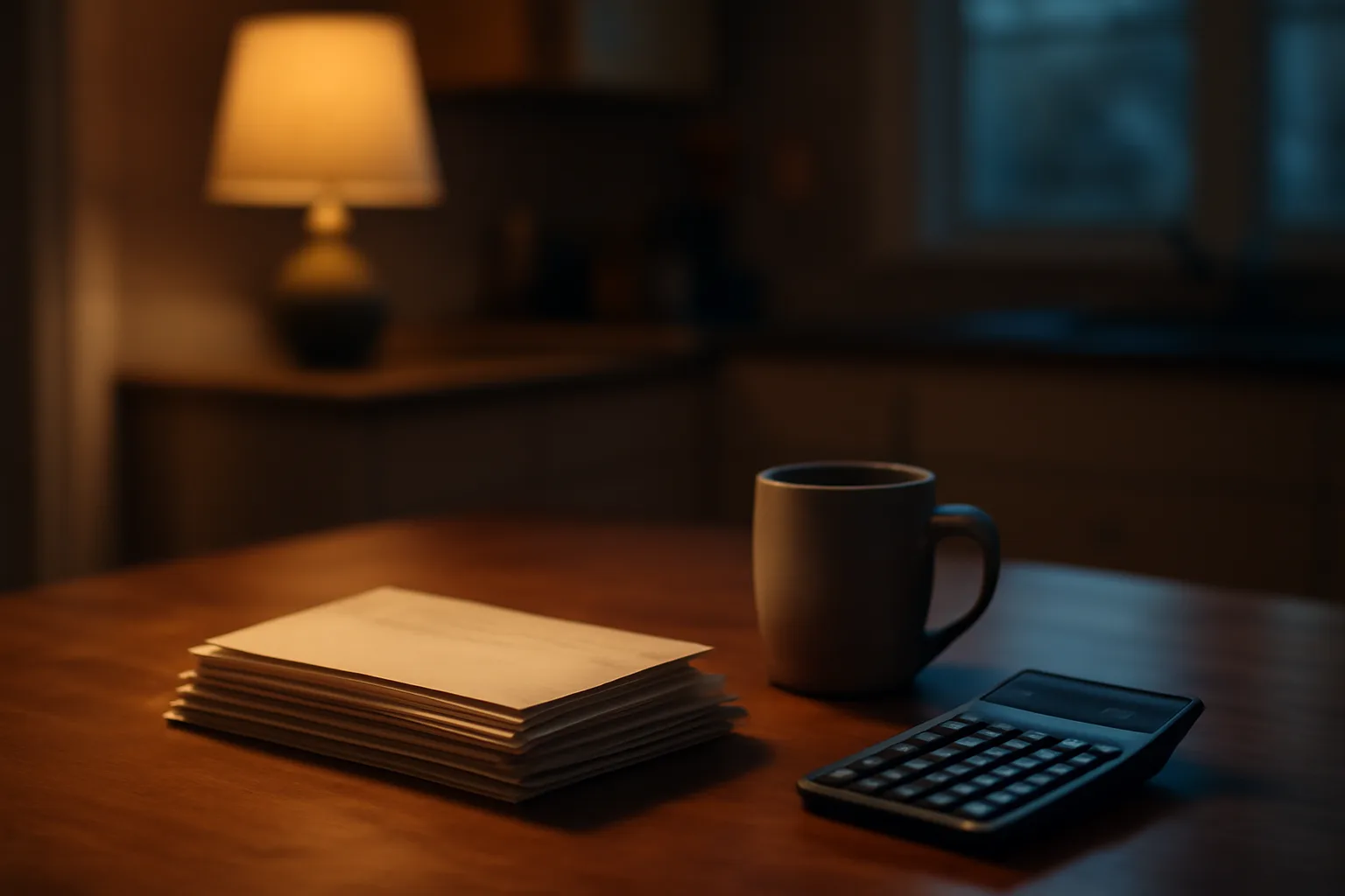 Kitchen table with mailing envelopes and calculator representing timeshare exit cost planning