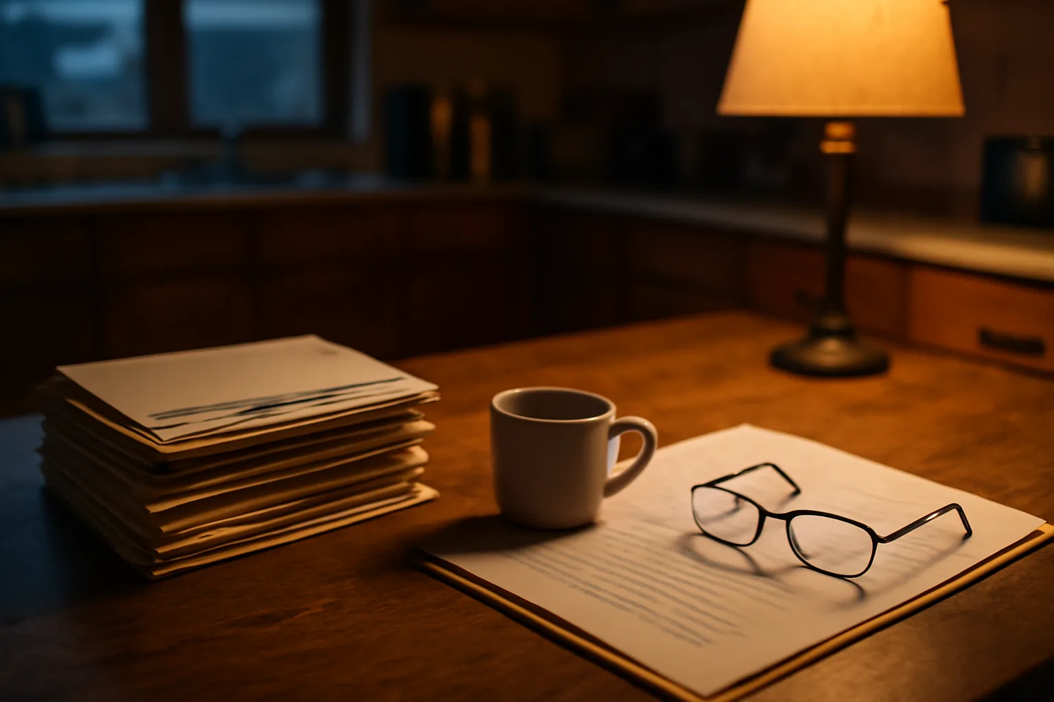 Kitchen table with certified mail envelopes and contract papers under lamp light
