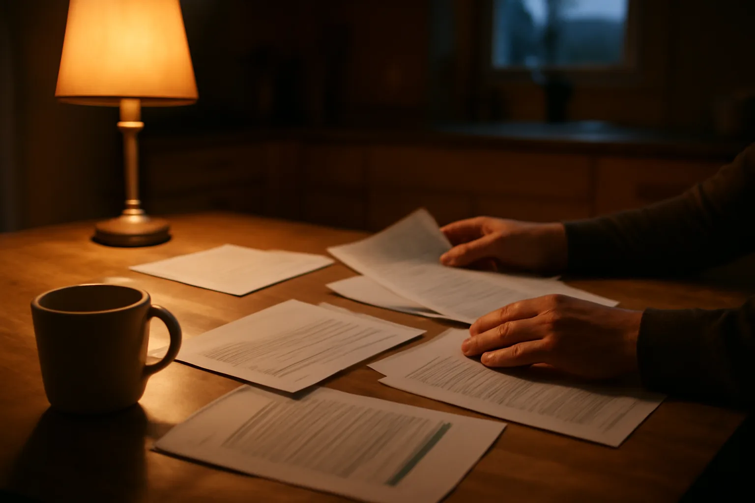 Hands sorting timeshare contract paperwork at a kitchen table at night