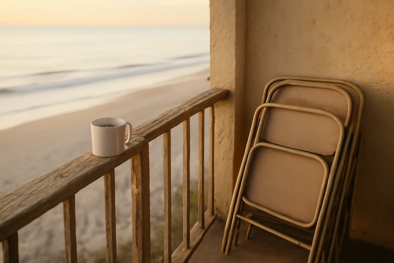 Empty balcony overlooking a quiet beach at sunrise, symbolizing a timeshare exit decision