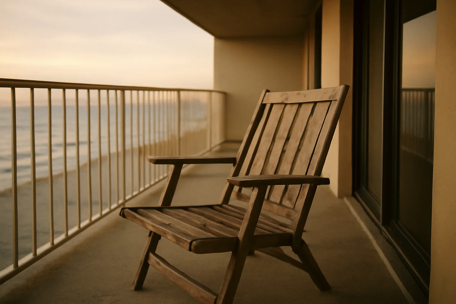 Empty beachside condo balcony at dusk representing a timeshare owner weighing whether to sell