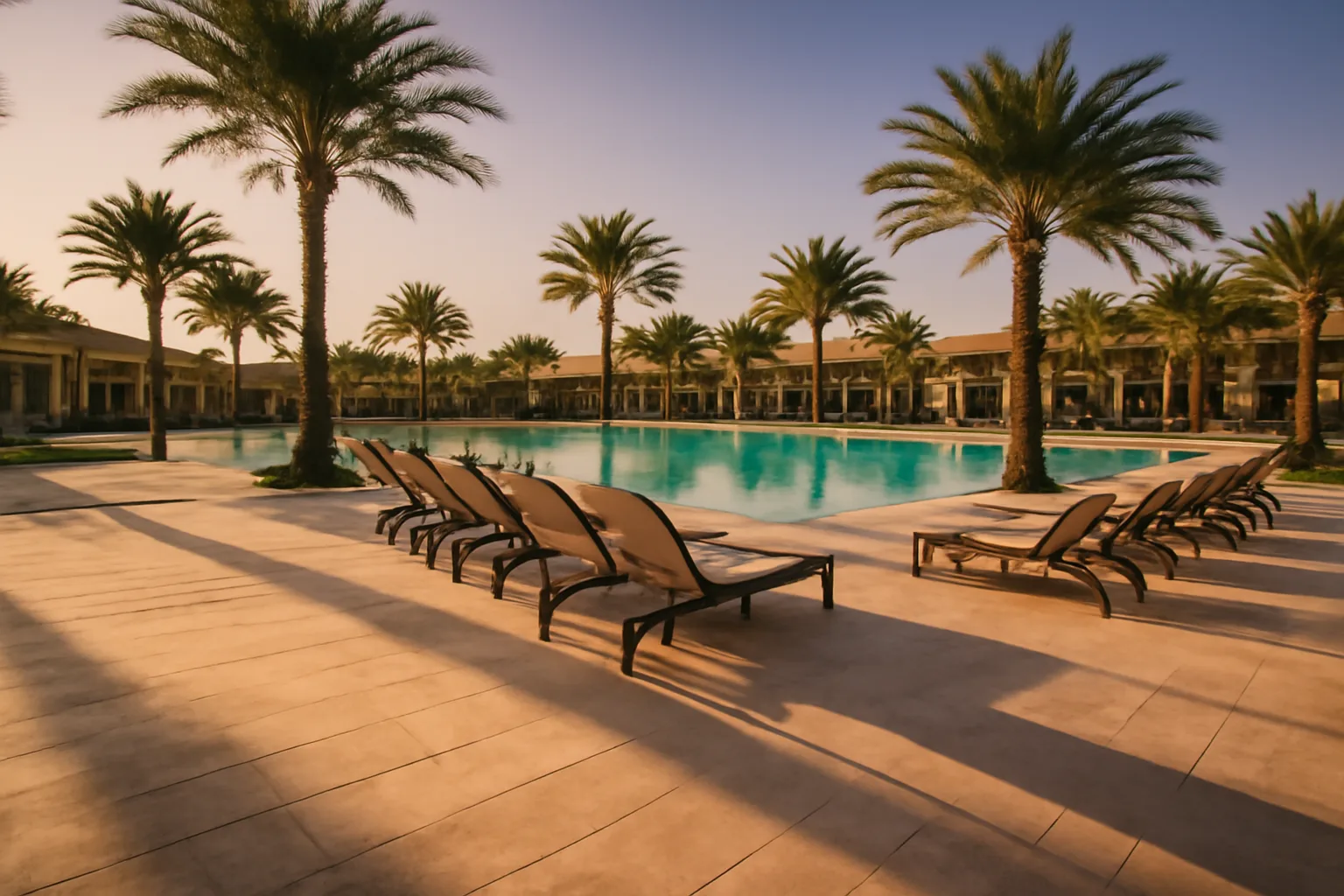 Empty resort pool deck with lounge chairs and palm trees at sunset