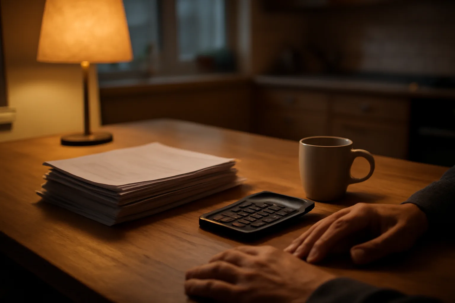 Hands resting near paperwork and a calculator on a kitchen table at dusk