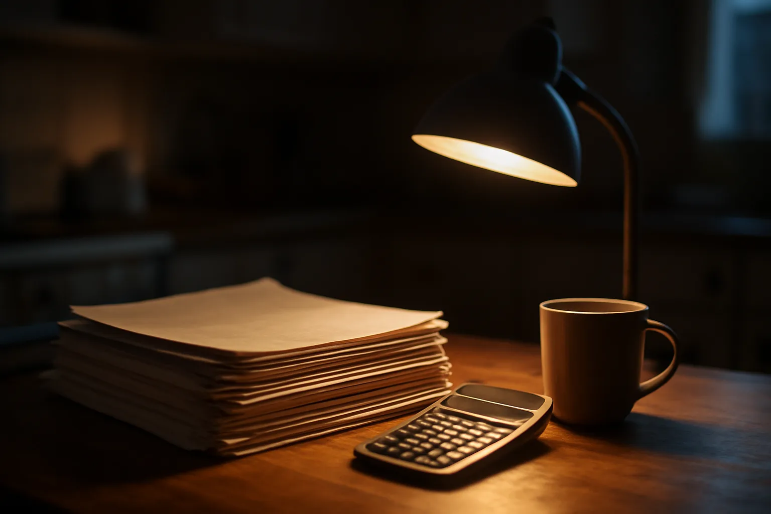Kitchen table at night with contracts and a calculator, reviewing timeshare exit costs