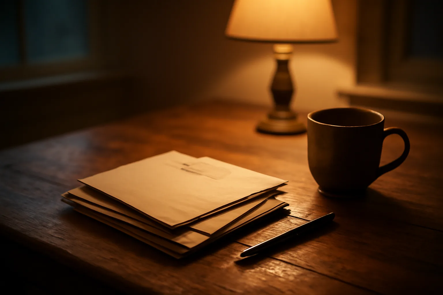 Kitchen table at dusk with mail envelopes and a pen, timeshare exit paperwork scene