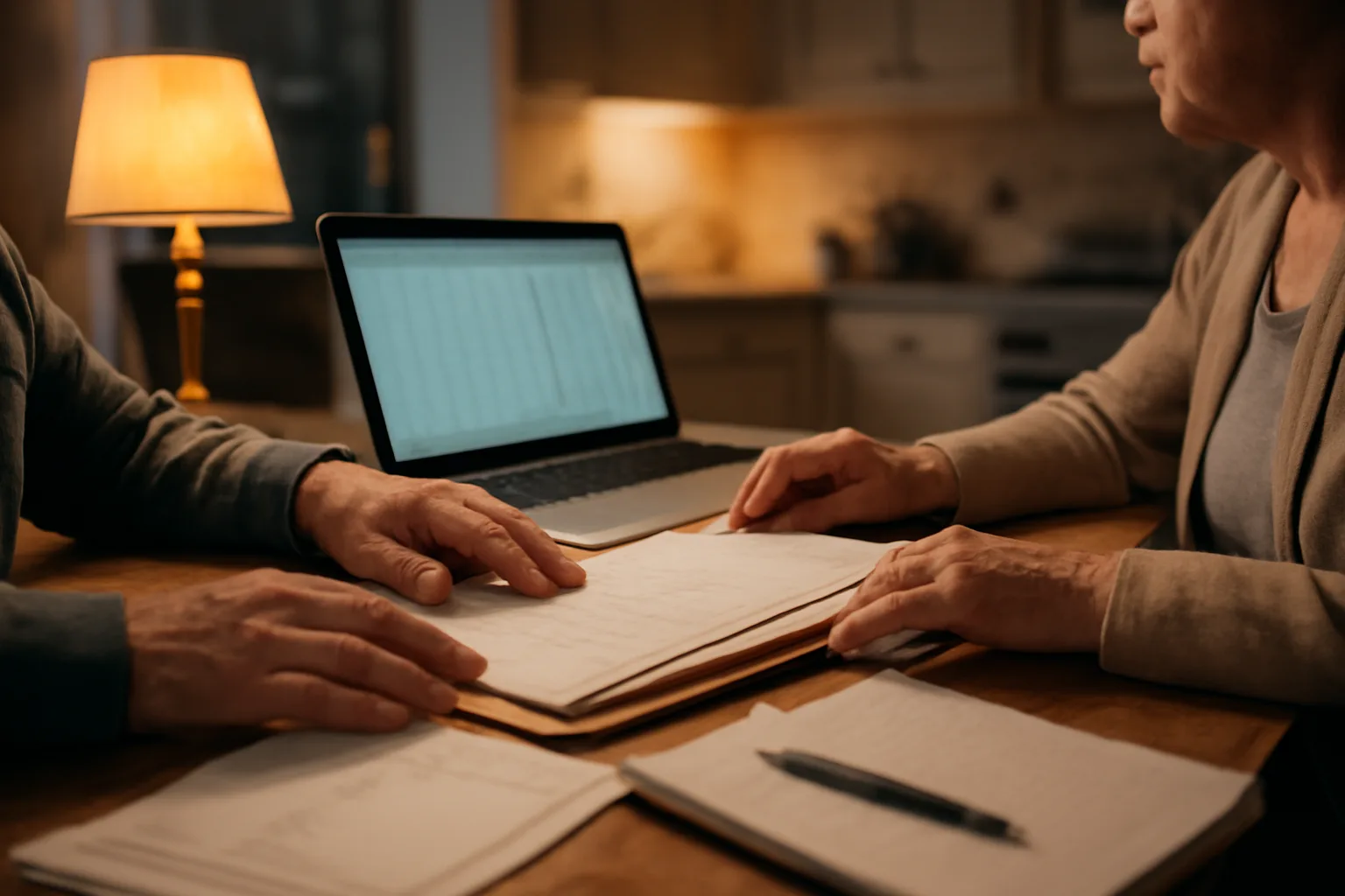 couple reviewing paperwork at kitchen table comparing timeshare exit versus resale options