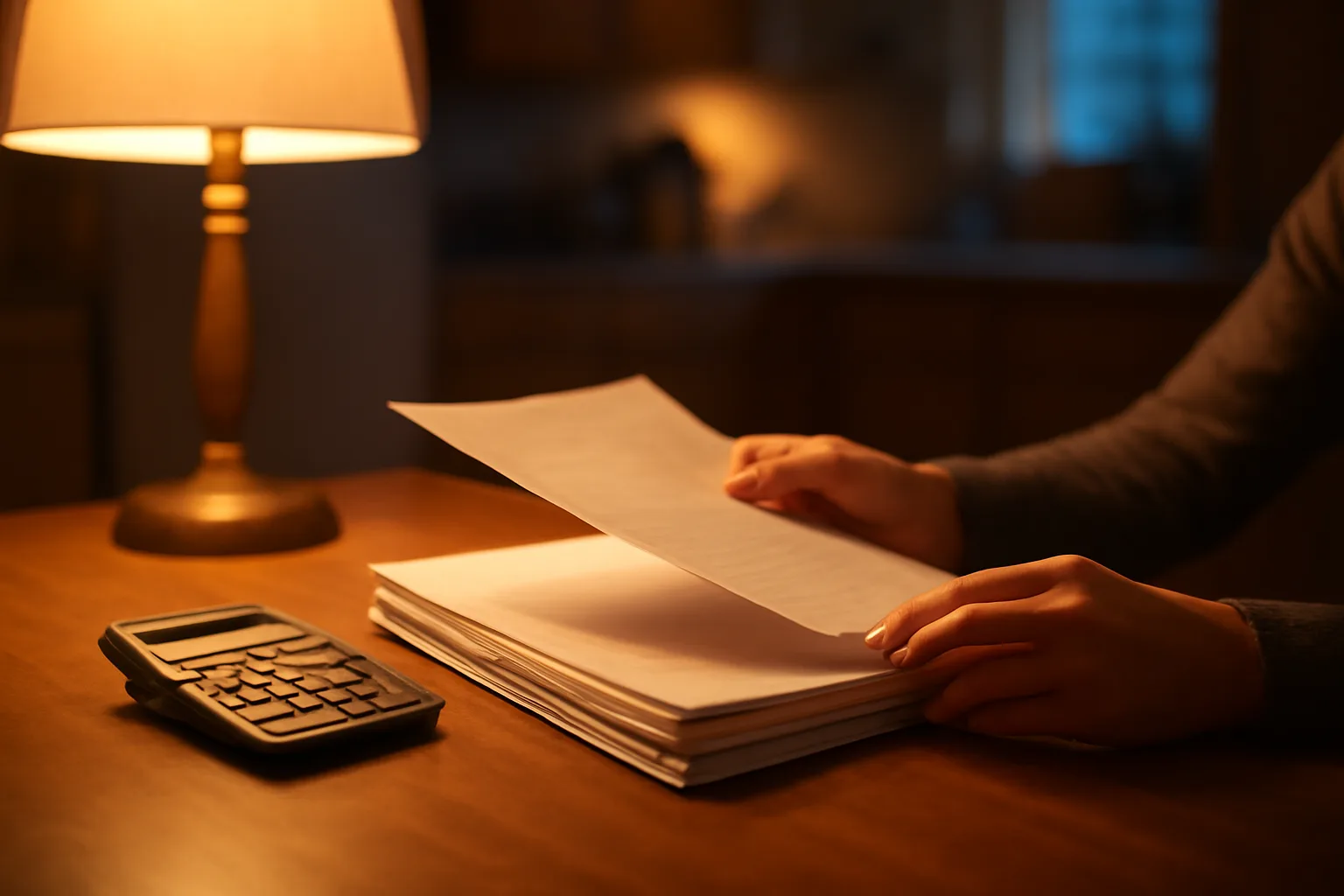 Homeowner reviewing timeshare contract paperwork at a kitchen table with a calculator