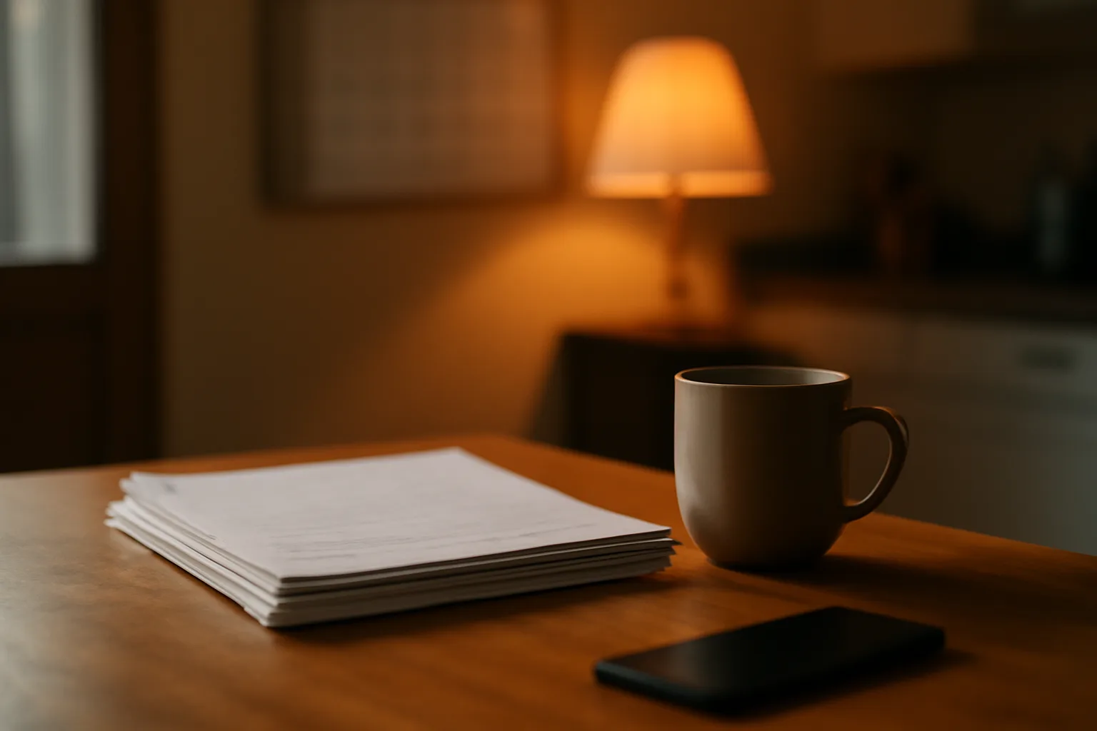 Timeshare owner reviewing contract paperwork at a kitchen table at night