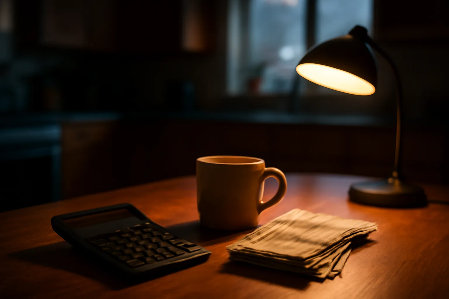 Desk lamp lighting a calculator and paper bills at a kitchen table