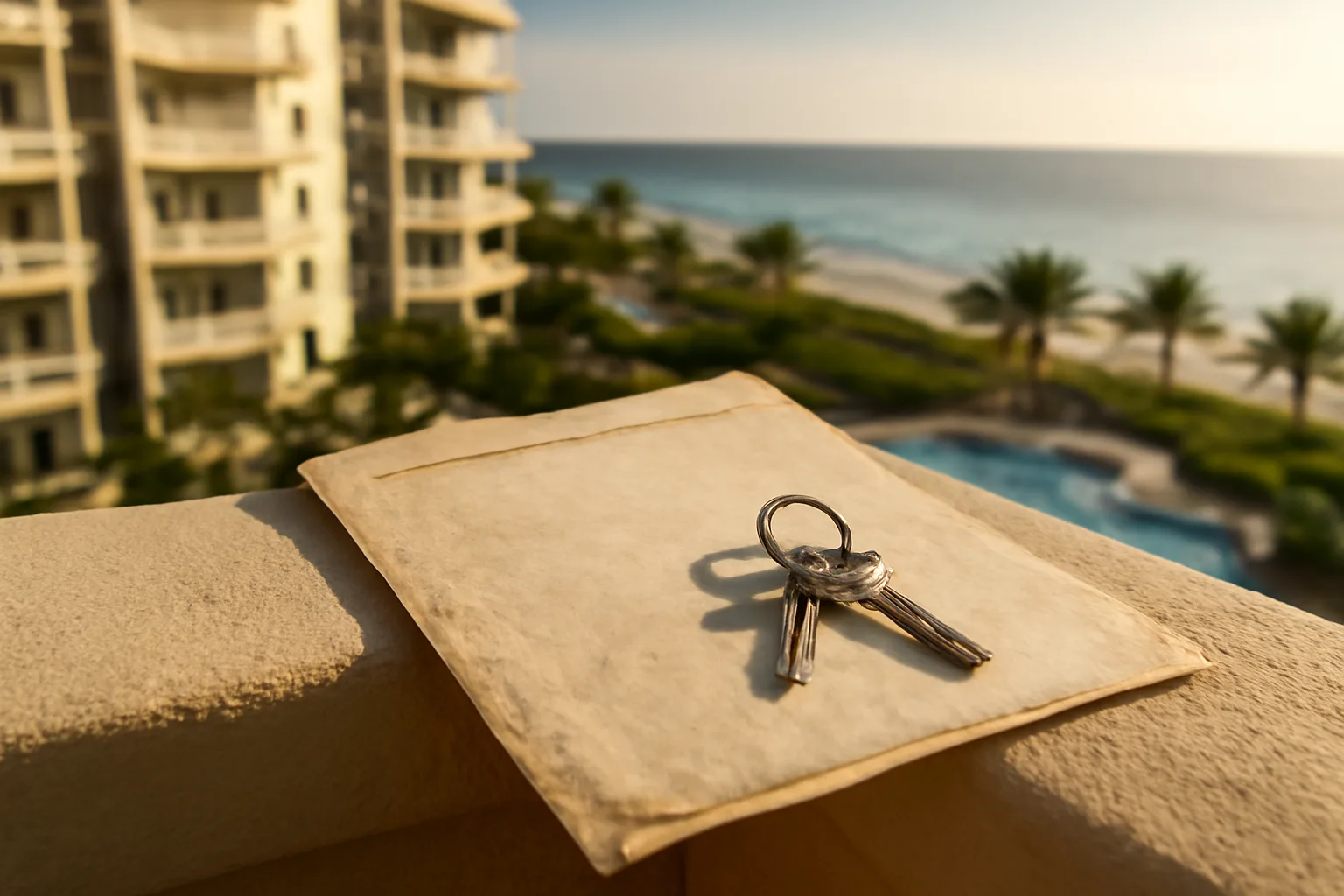 Deed papers and keys on a balcony railing at a coastal timeshare resort