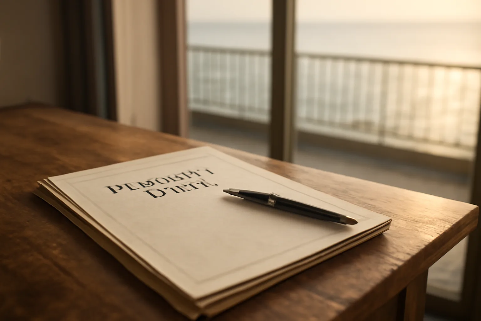 Desk with deed paperwork and pen near a condo balcony overlooking the ocean