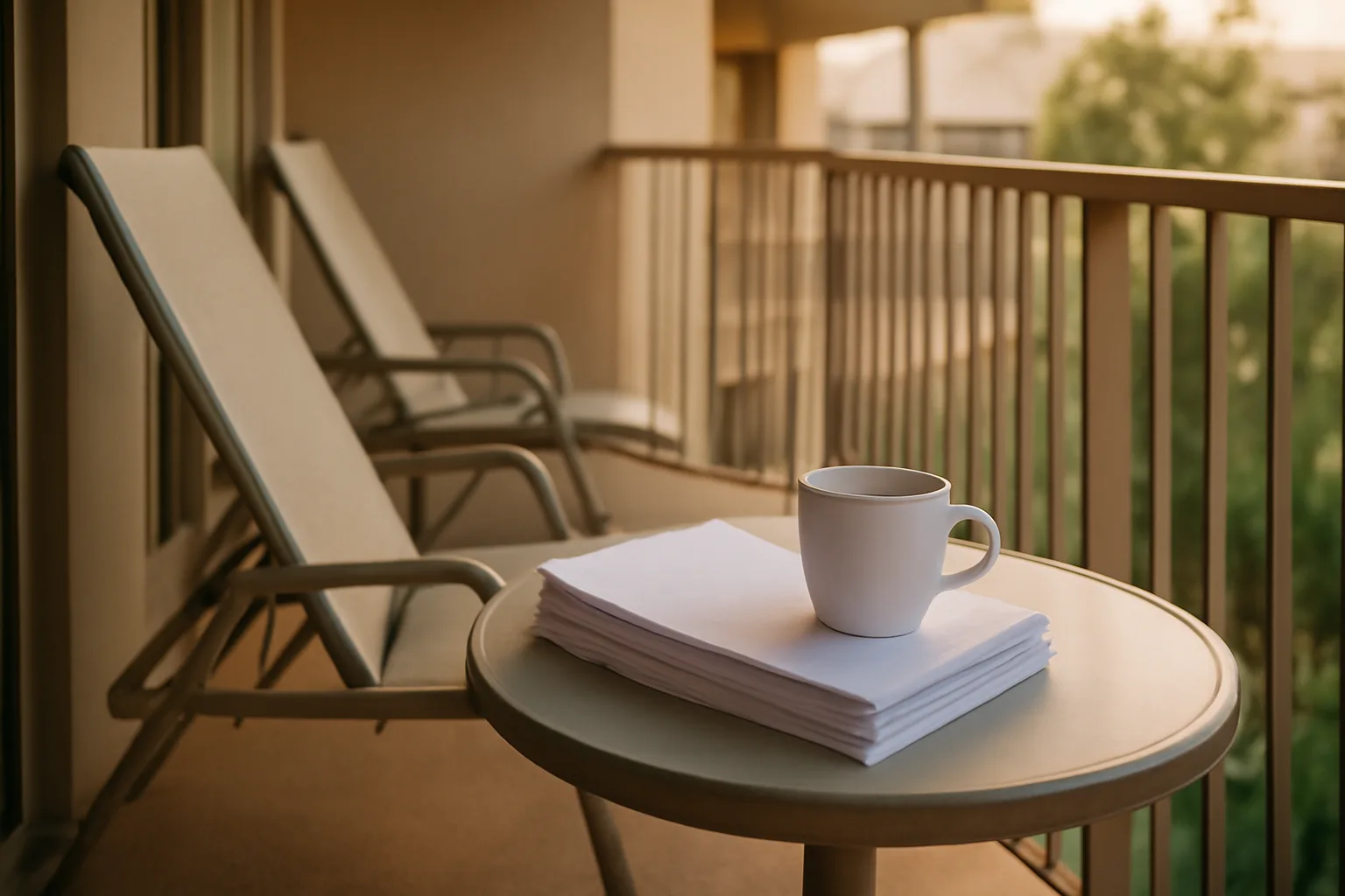Empty resort balcony with paperwork on a table, suggesting a decision to deed a timeshare back