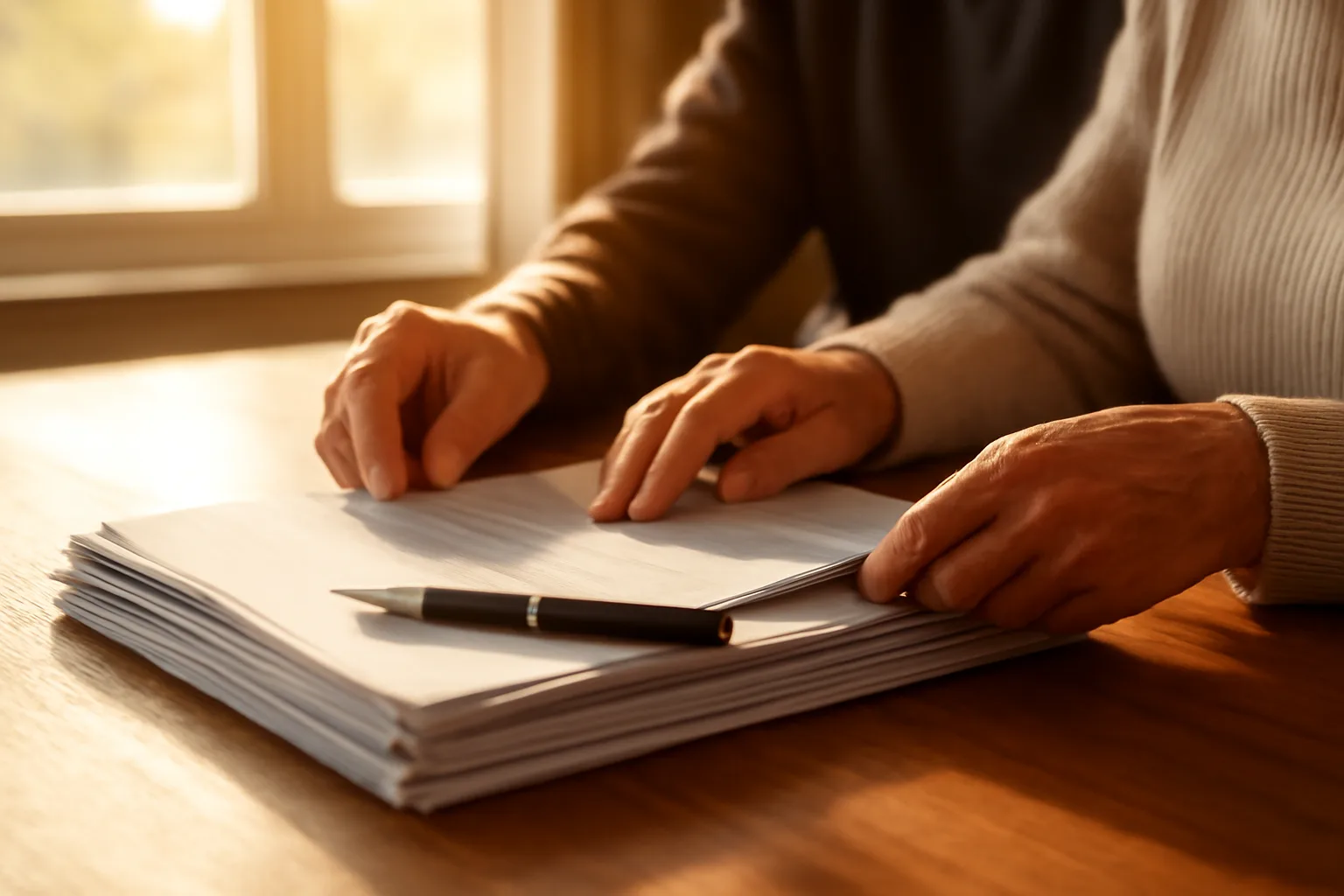 Couple reviewing paperwork at a desk while considering deeding back a timeshare