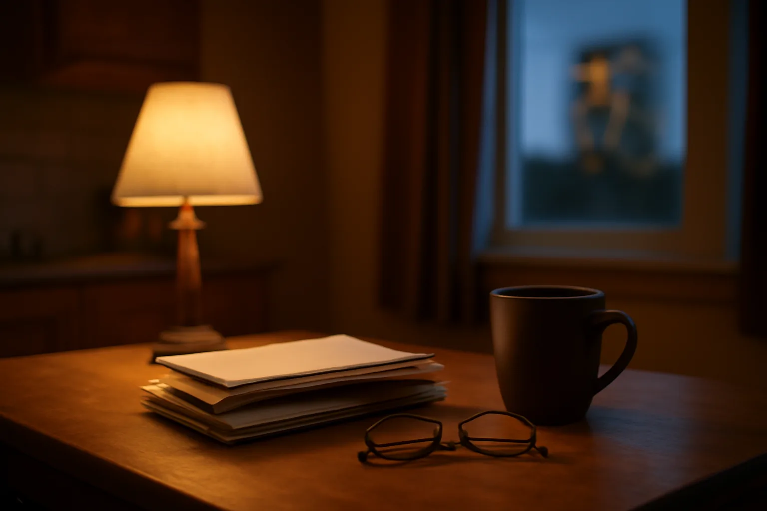 Kitchen table with mail and reading glasses, distant resort tower visible through window