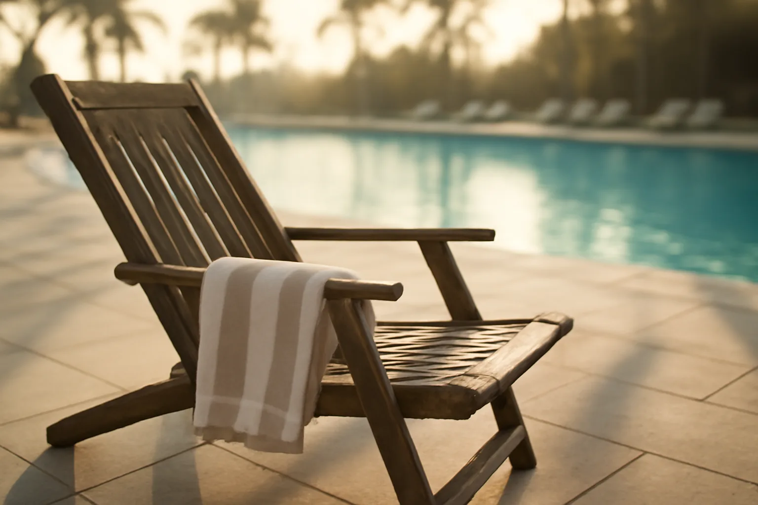 Empty resort pool deck at dawn representing walking away from a Marriott timeshare