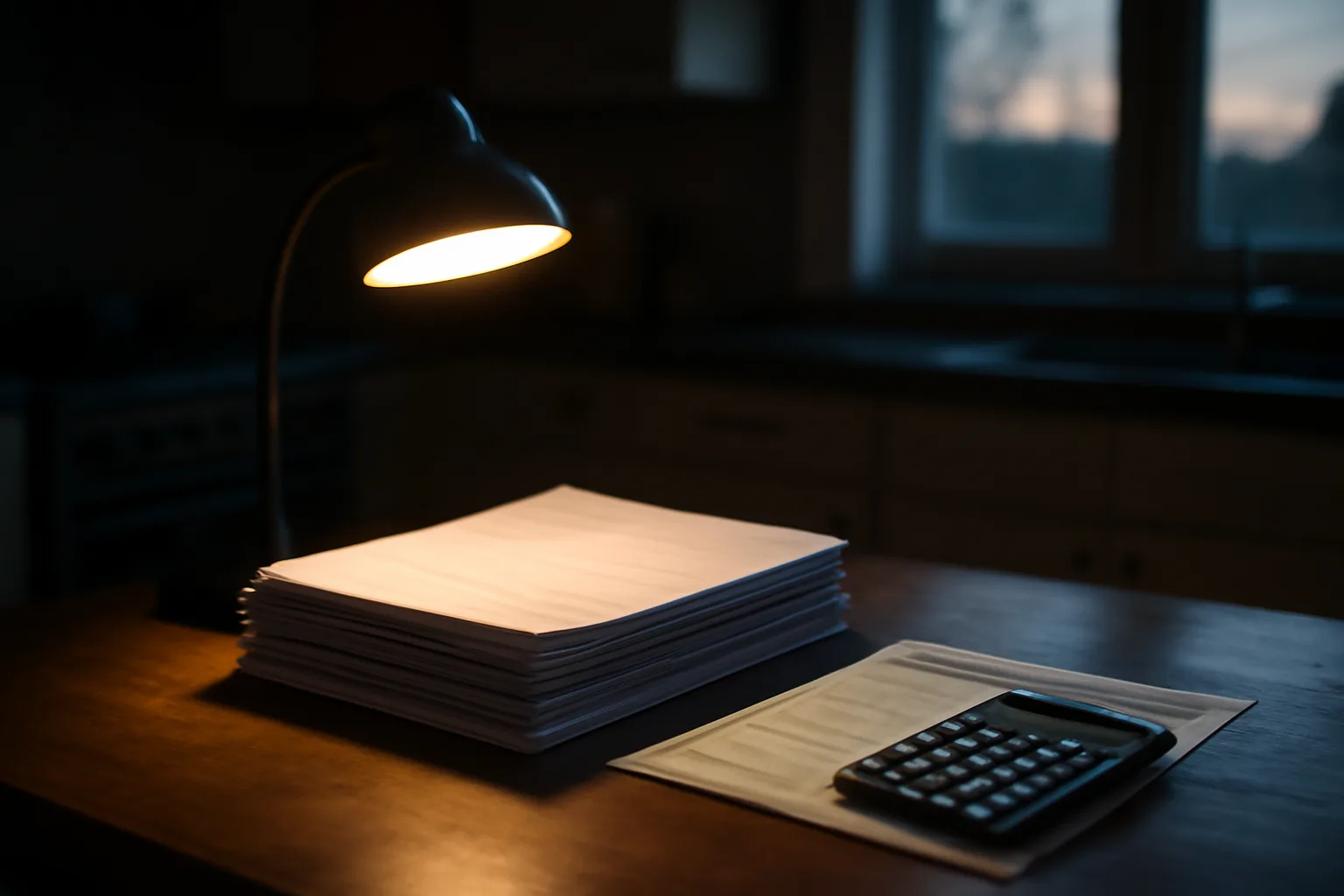 Timeshare contract paperwork and a calculator on a table at dusk