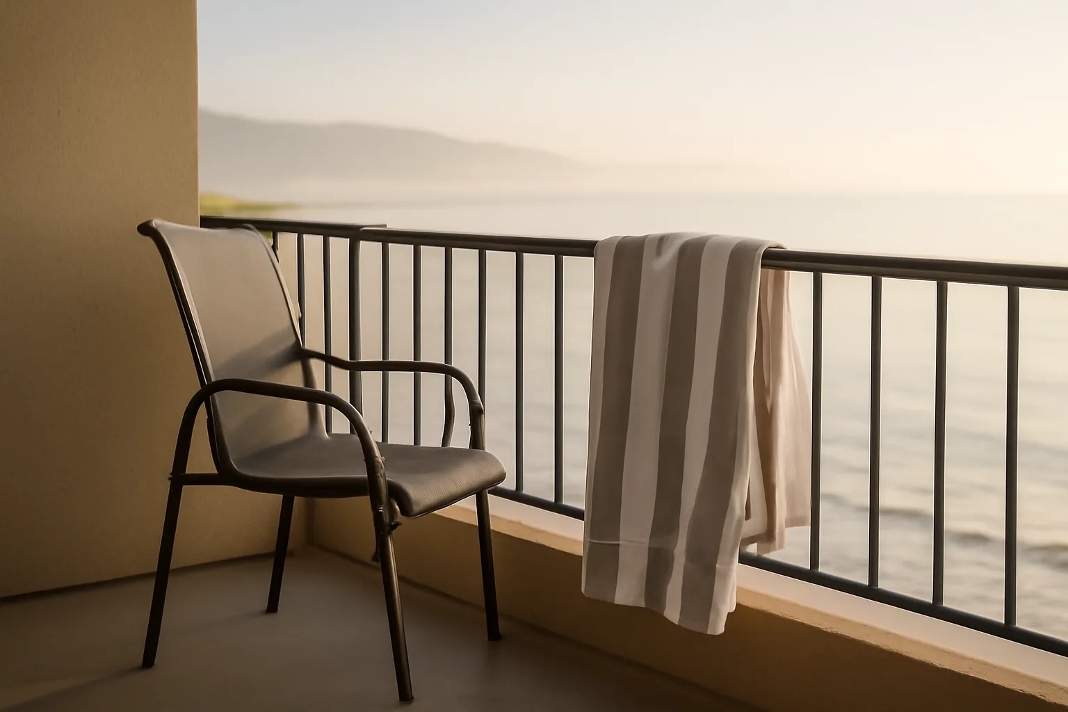 Empty resort balcony at dawn representing a timeshare owner weighing an exit decision
