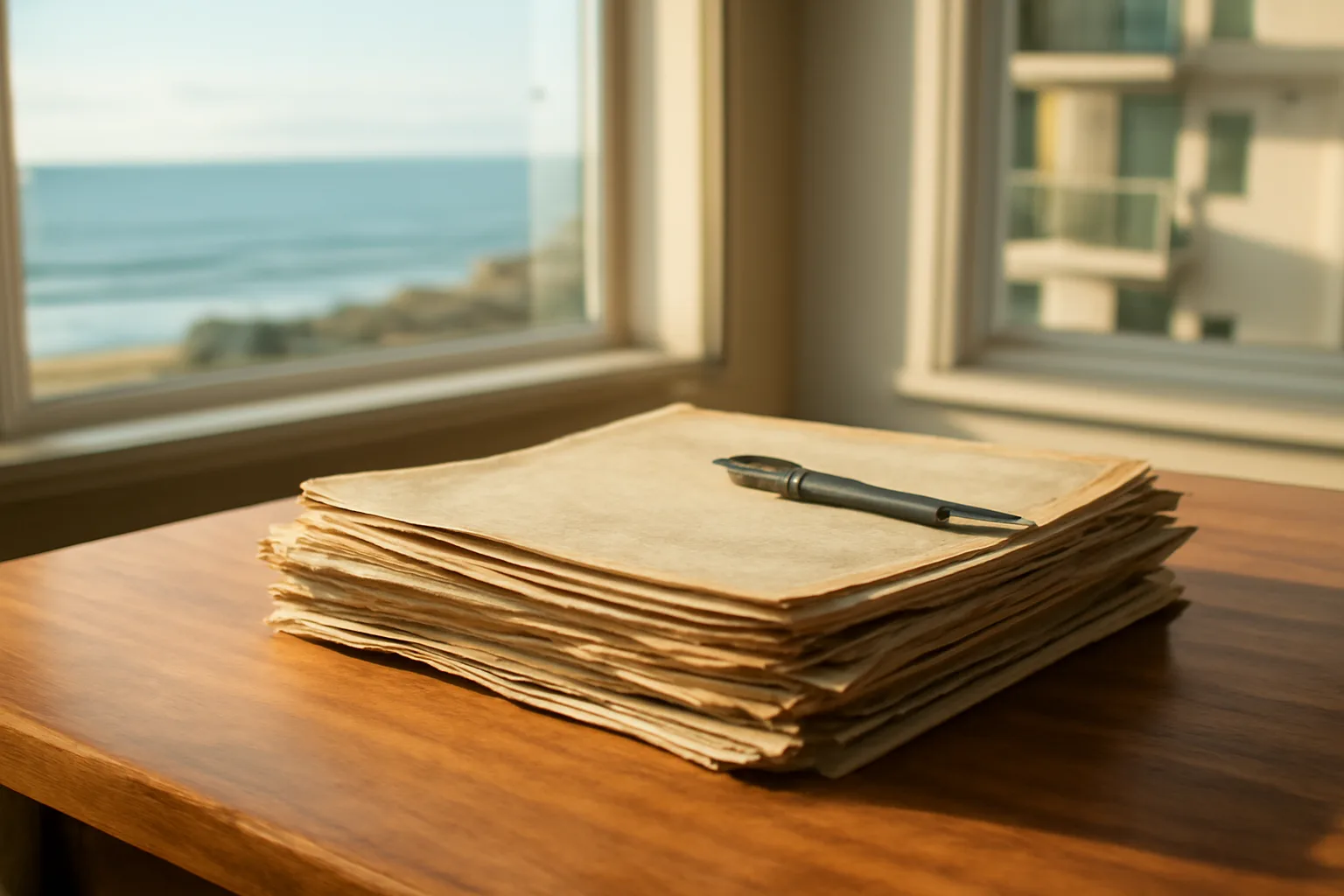 Property documents and a pen on a table near a condo window