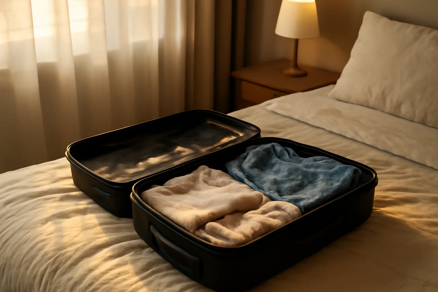 Unpacked suitcase on hotel bed representing timeshare vacation planning