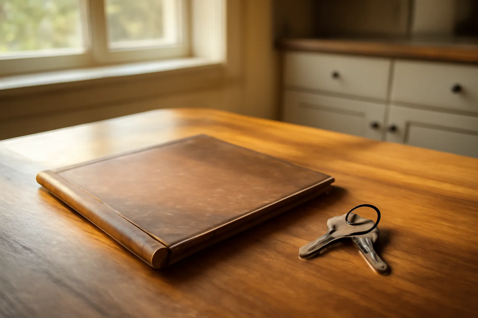 Timeshare contract folder and house keys on a kitchen table in morning light