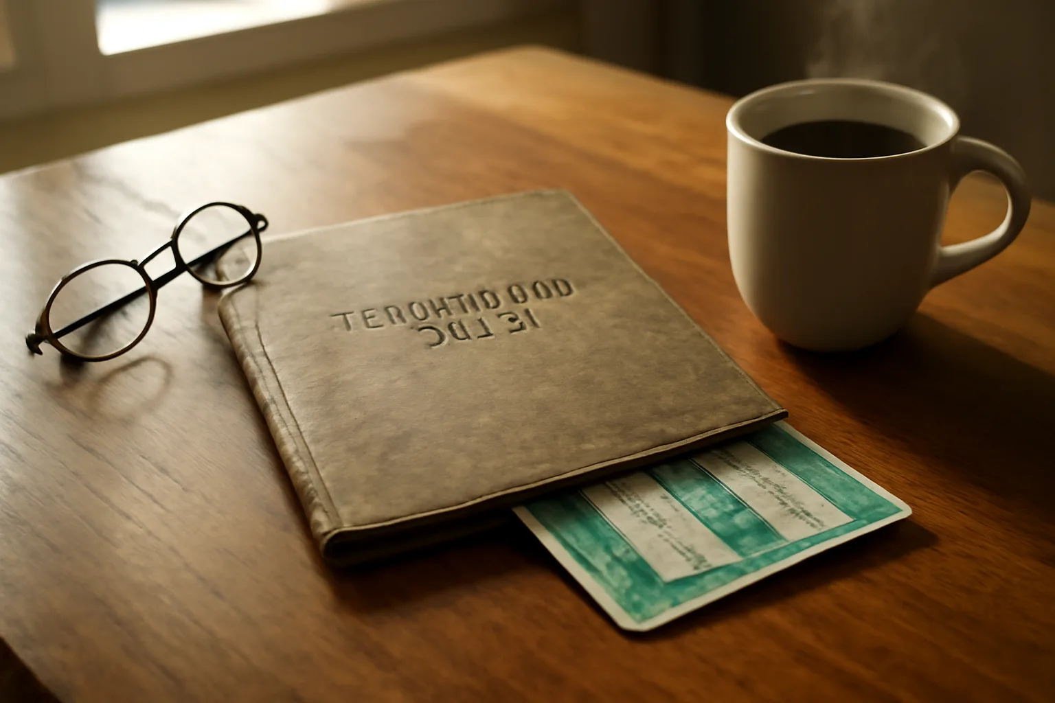 Kitchen table scene with timeshare paperwork folder and certified mail receipt in morning light