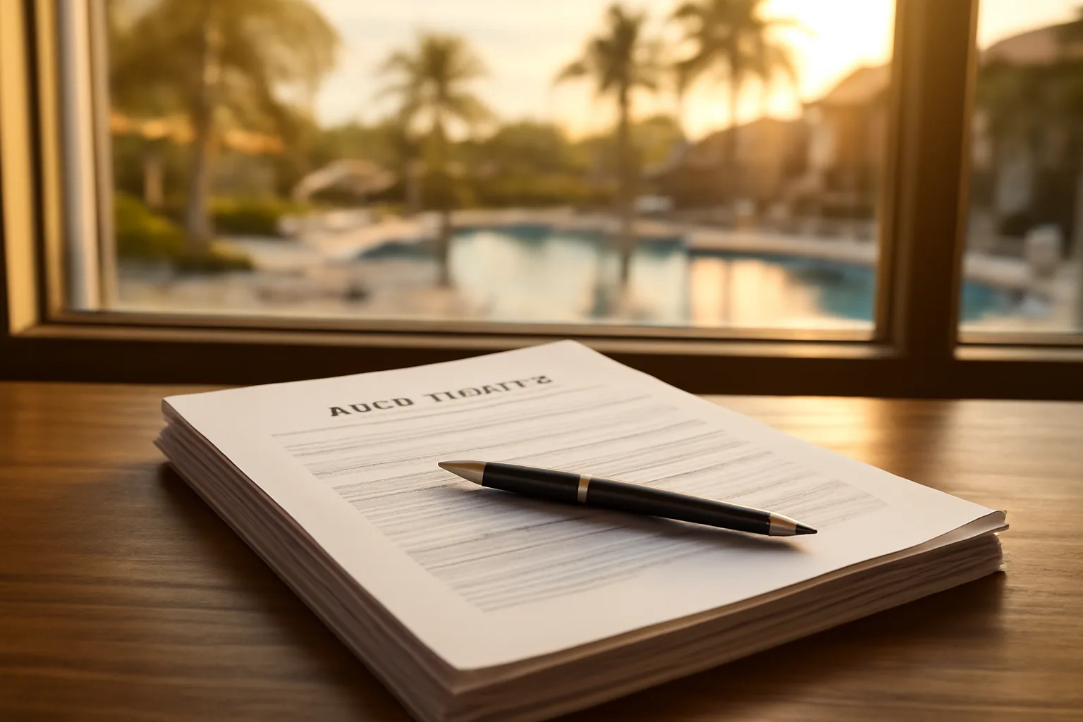 Contract papers and pen on a desk with a resort pool visible through the window