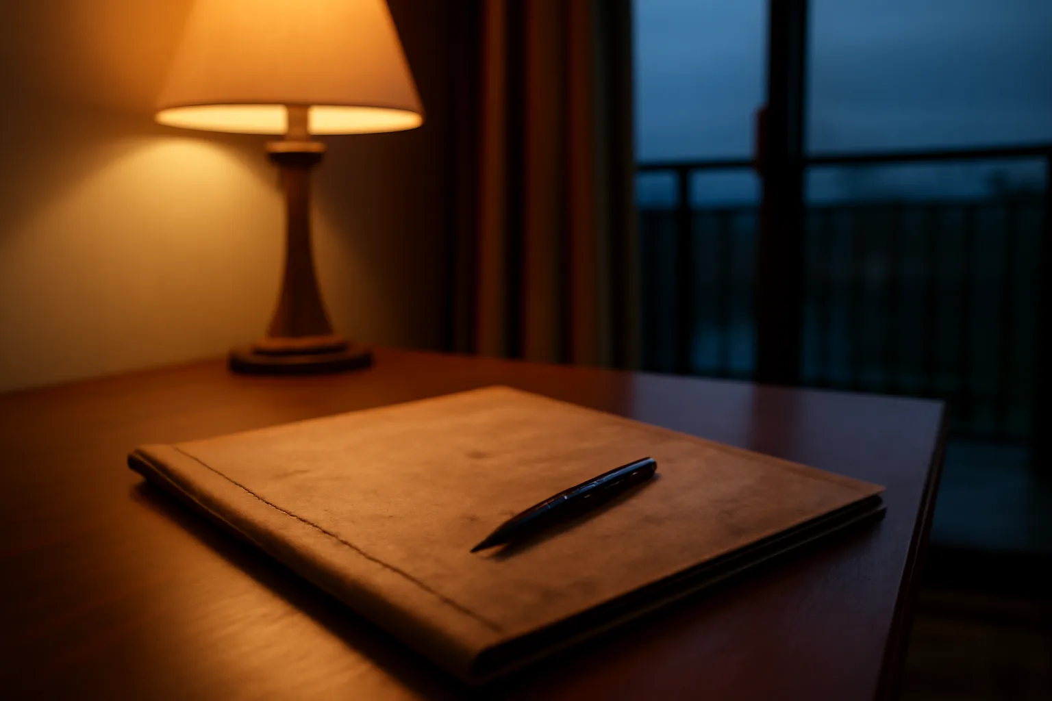 Timeshare contract paperwork on a resort desk at dusk, symbolizing buyer decision