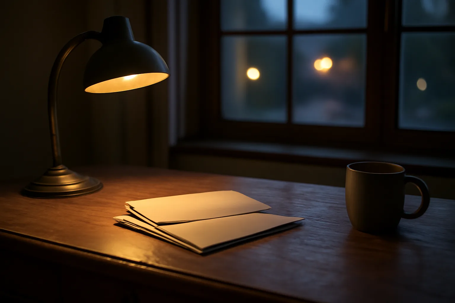 Desk lamp lighting unopened mail and a folder at night, timeshare paperwork scene