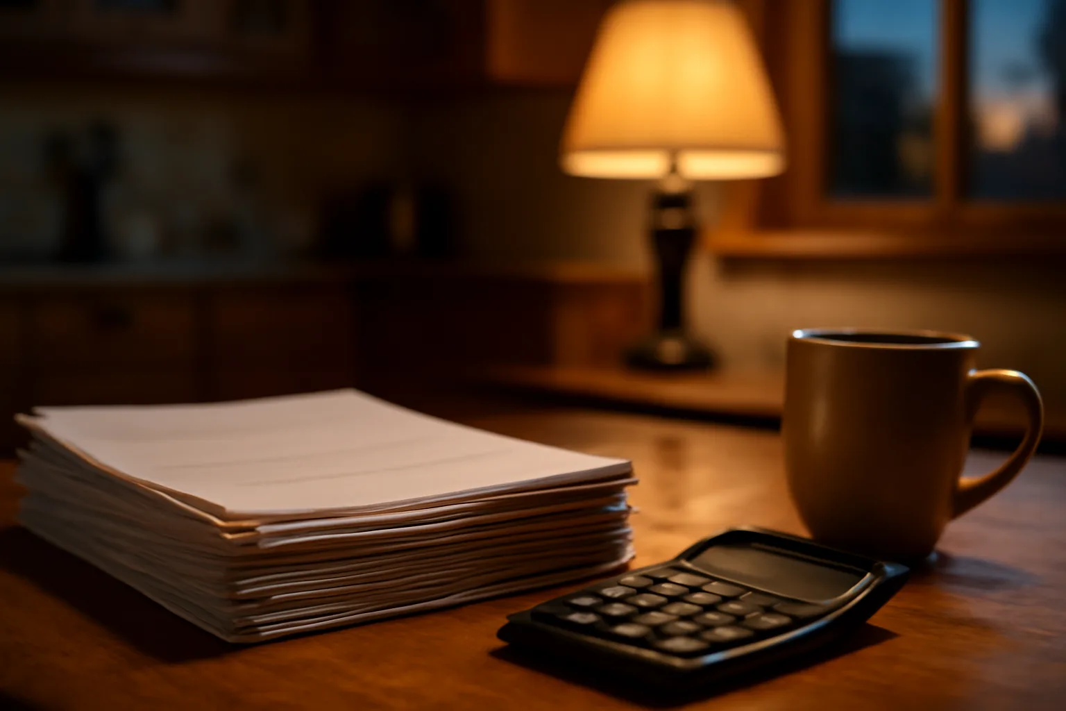 Kitchen table with timeshare paperwork, calculator, and coffee under warm lamp light