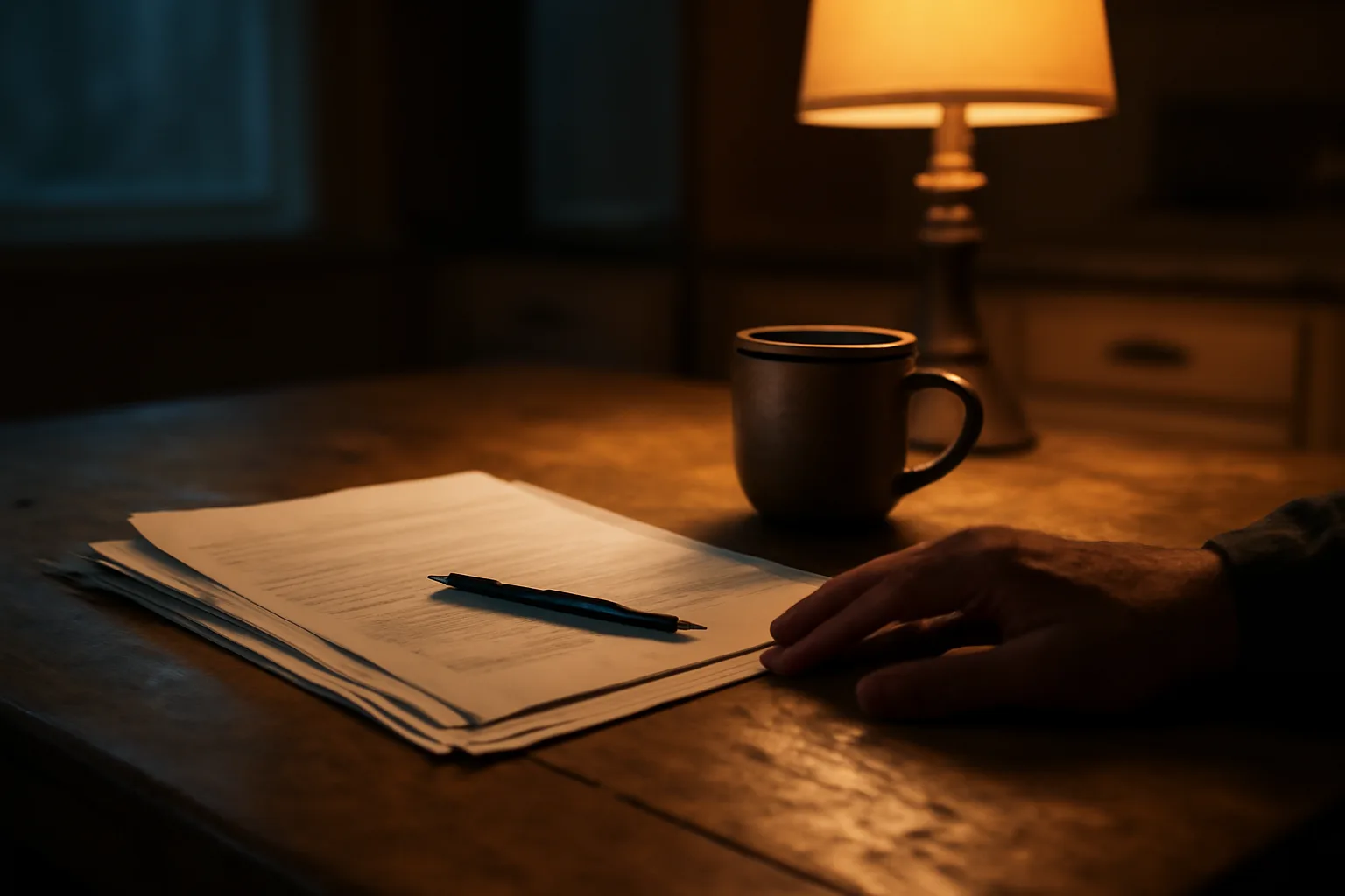 Homeowner reviewing timeshare contract paperwork at a kitchen table in evening light