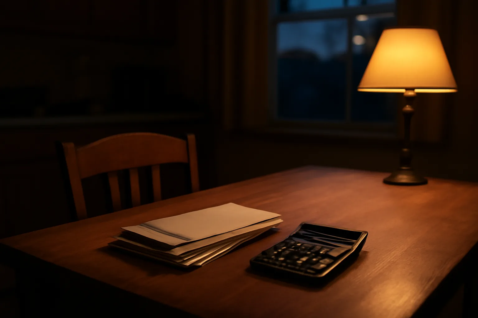Certified mail envelopes and a calculator on a kitchen table at dusk