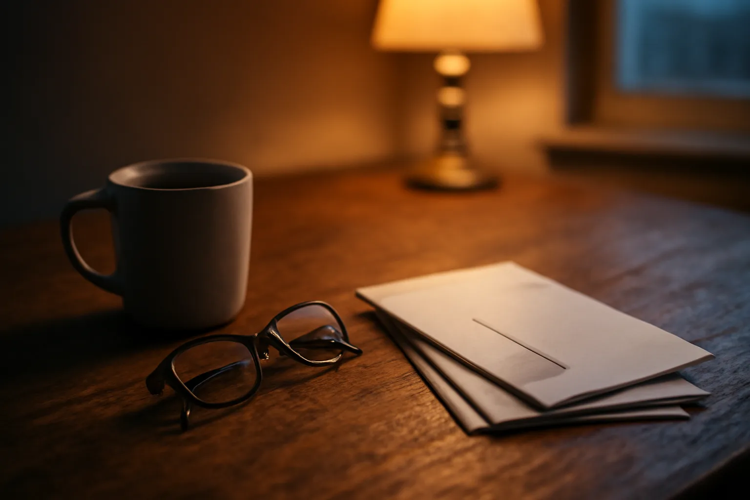 Desk with unopened mail and reading glasses representing timeshare exit company decisions
