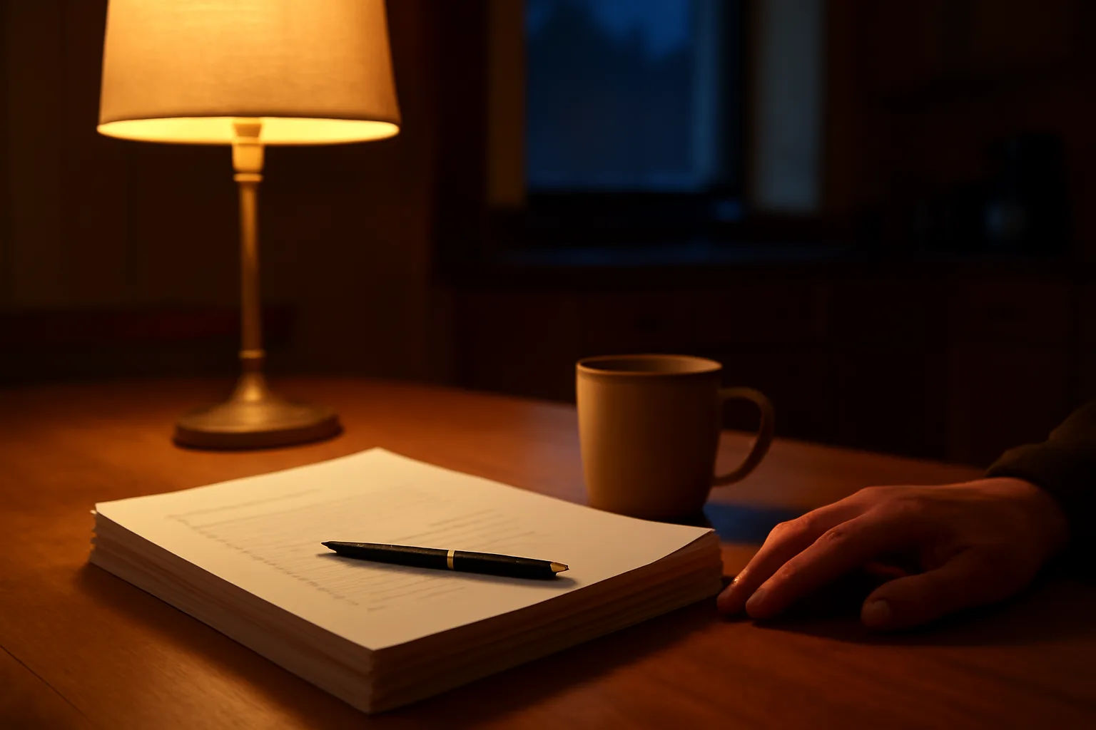 Contract papers and pen on a kitchen table before signing a timeshare agreement