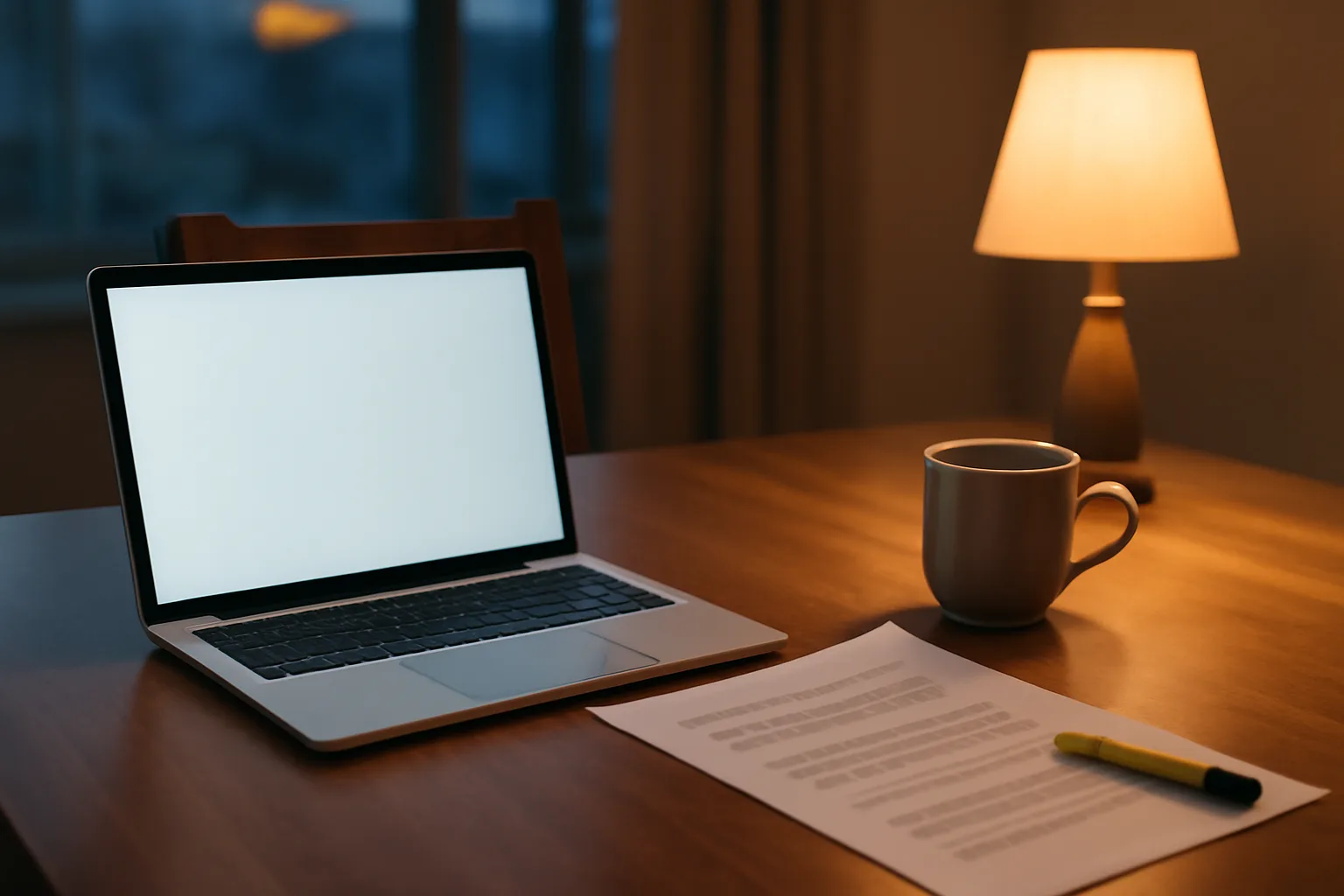 Laptop and printed contract on a table, researching timeshare exit company reviews at night