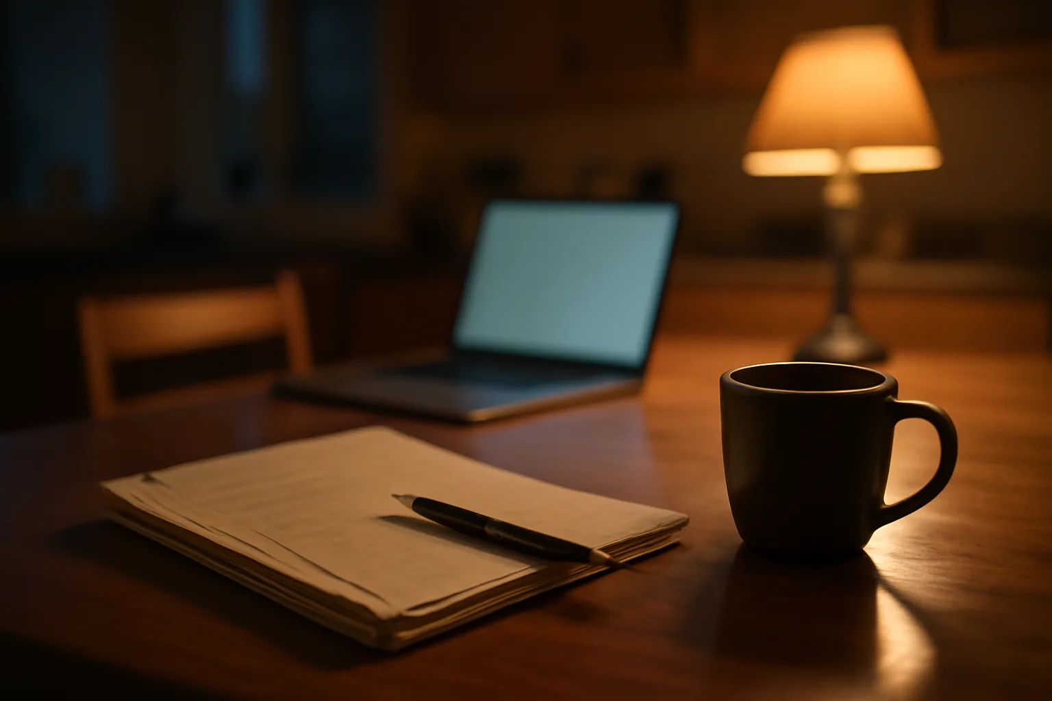 kitchen table with mail receipts and coffee mug while researching a timeshare exit decision