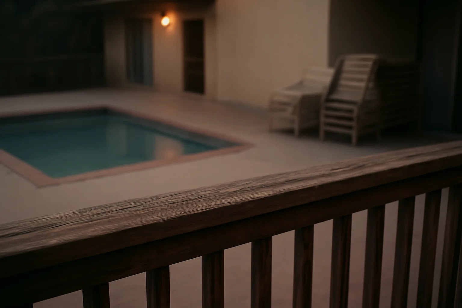 Empty resort balcony and pool deck at dusk symbolizing timeshare exit decisions