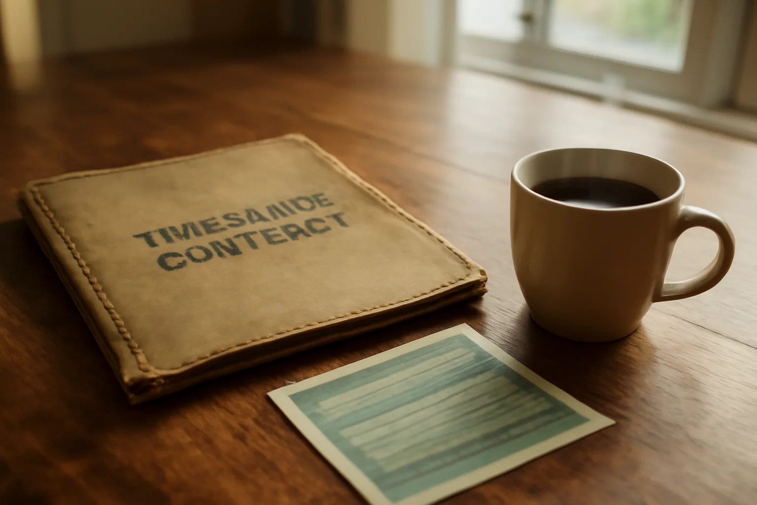 Timeshare paperwork and certified mail receipt on a kitchen table in morning light