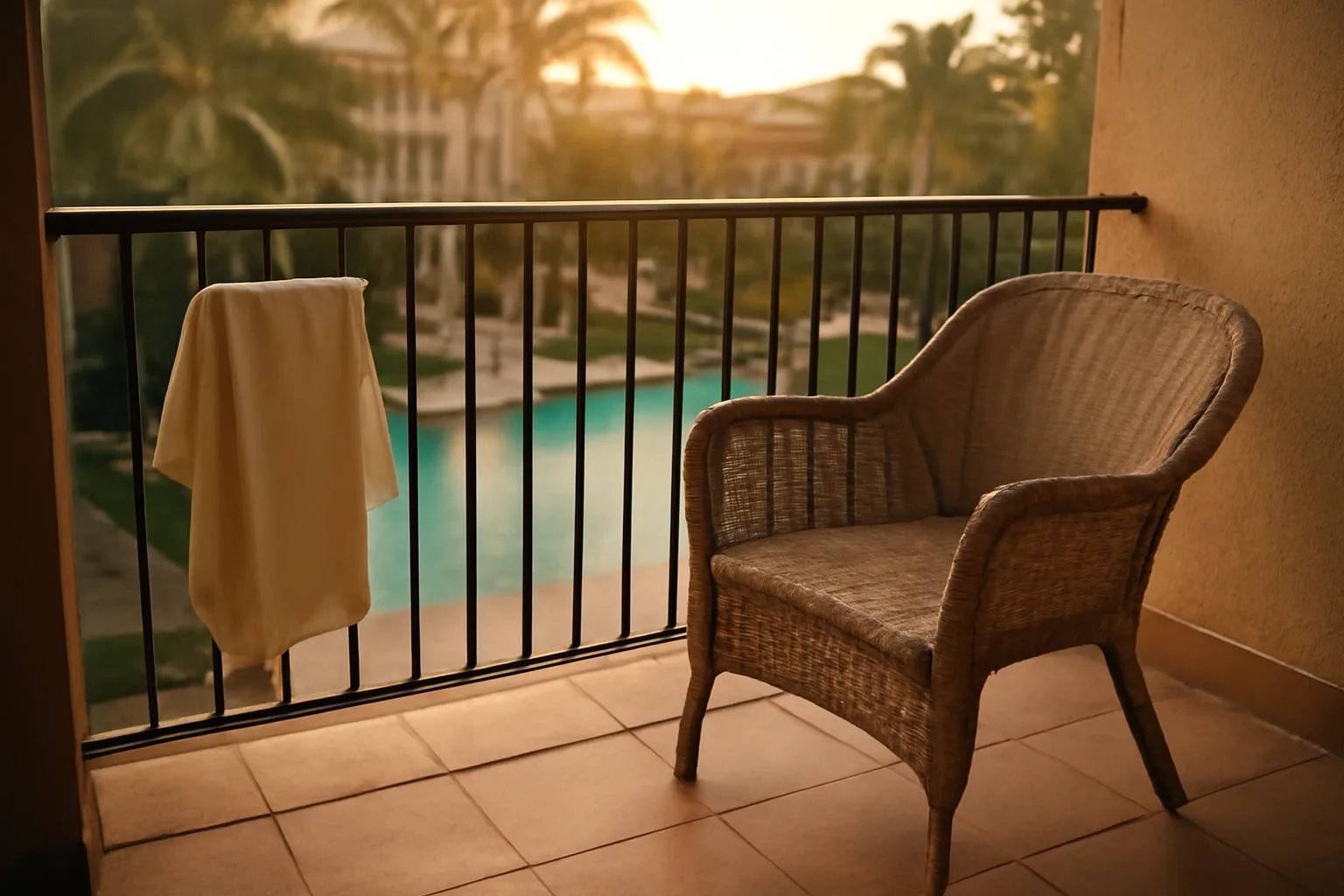 Empty resort balcony at sunset representing a timeshare owner weighing an exit decision