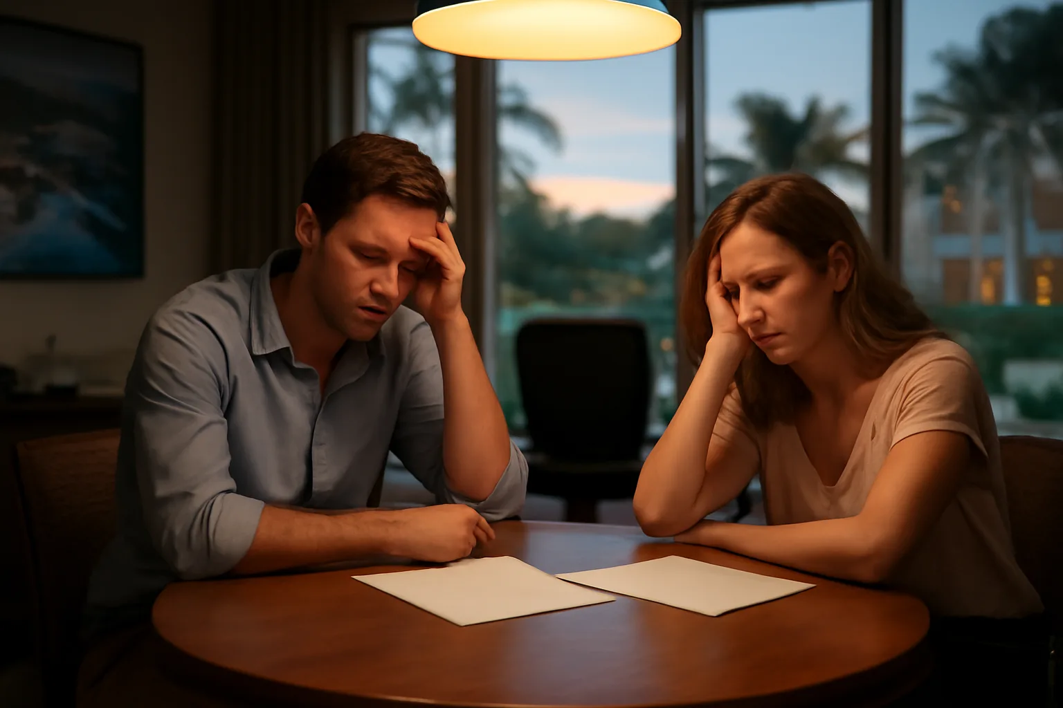 Couple sitting at a timeshare presentation table considering how to leave