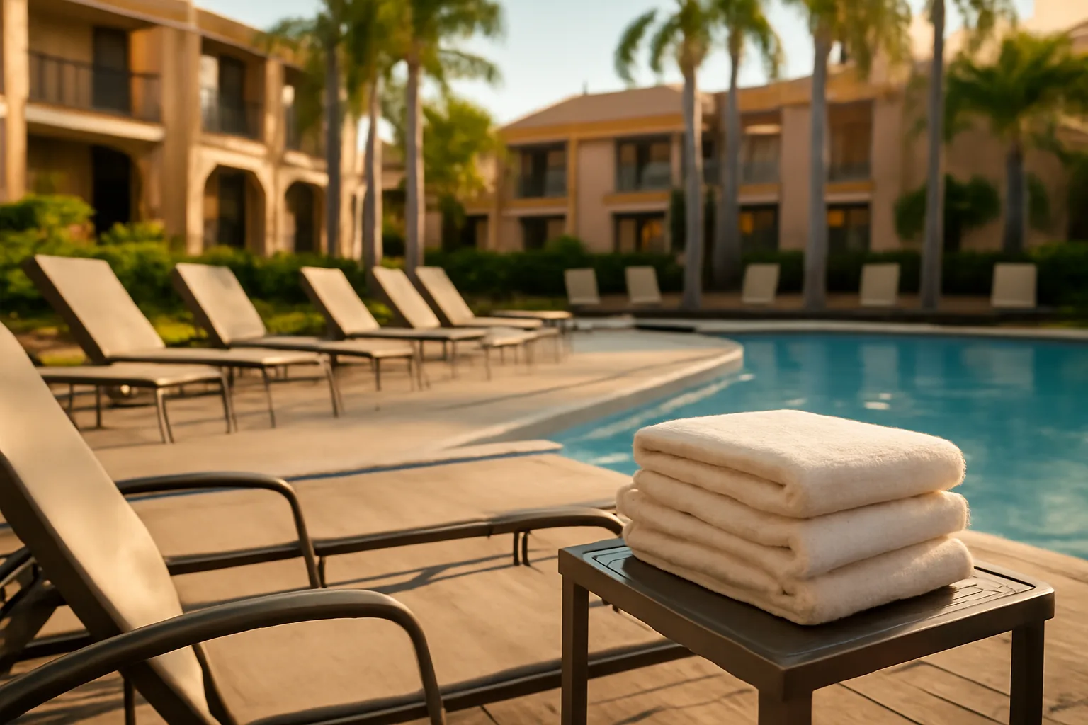 Empty resort pool courtyard in late afternoon light, no signage visible