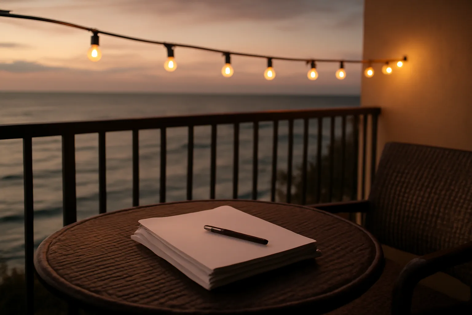 Resort balcony at dusk with paperwork and pen, evoking a holiday timeshare exit decision