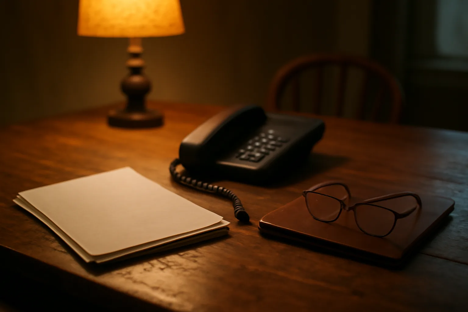 Kitchen table at dusk with papers and phone, evoking evaluating a timeshare exit decision