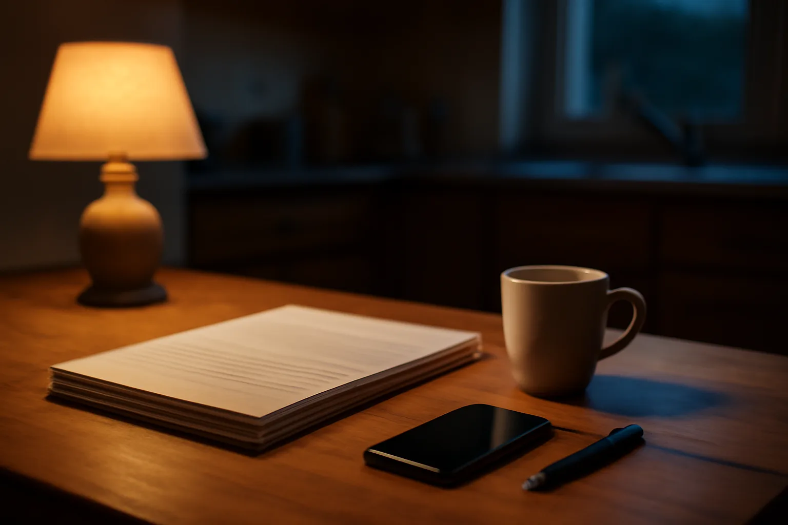 Kitchen table with paperwork and phone, evaluating a timeshare transfer decision at home