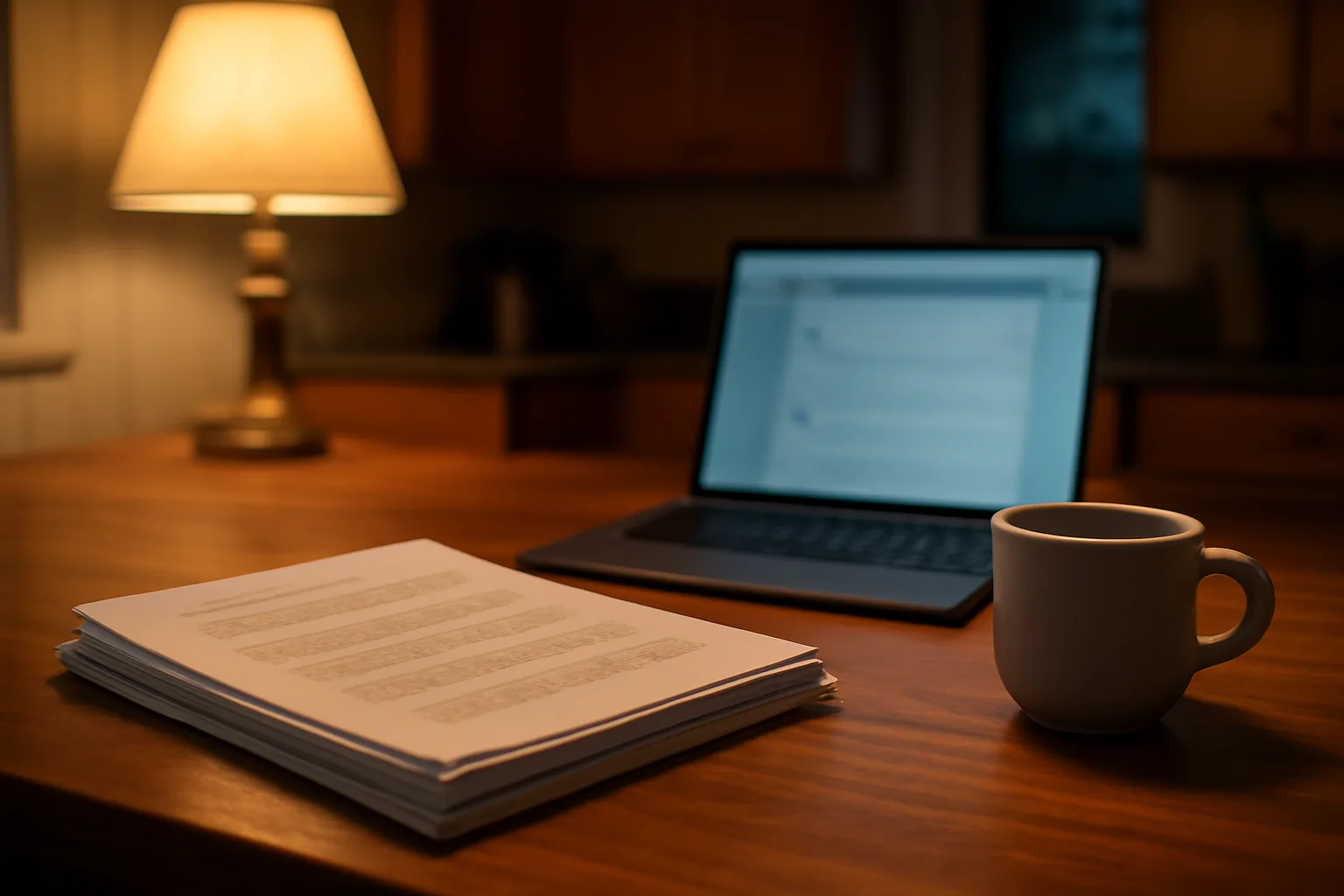 Timeshare contract papers and laptop on a kitchen table at dusk