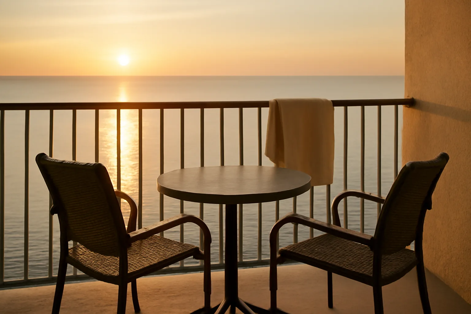 Empty resort balcony at sunset representing a Villa del Palmar timeshare owner considering an exit