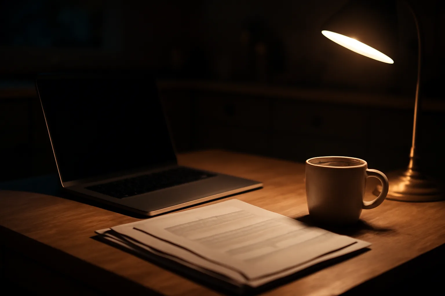 Timeshare contract papers and laptop on a kitchen table at night